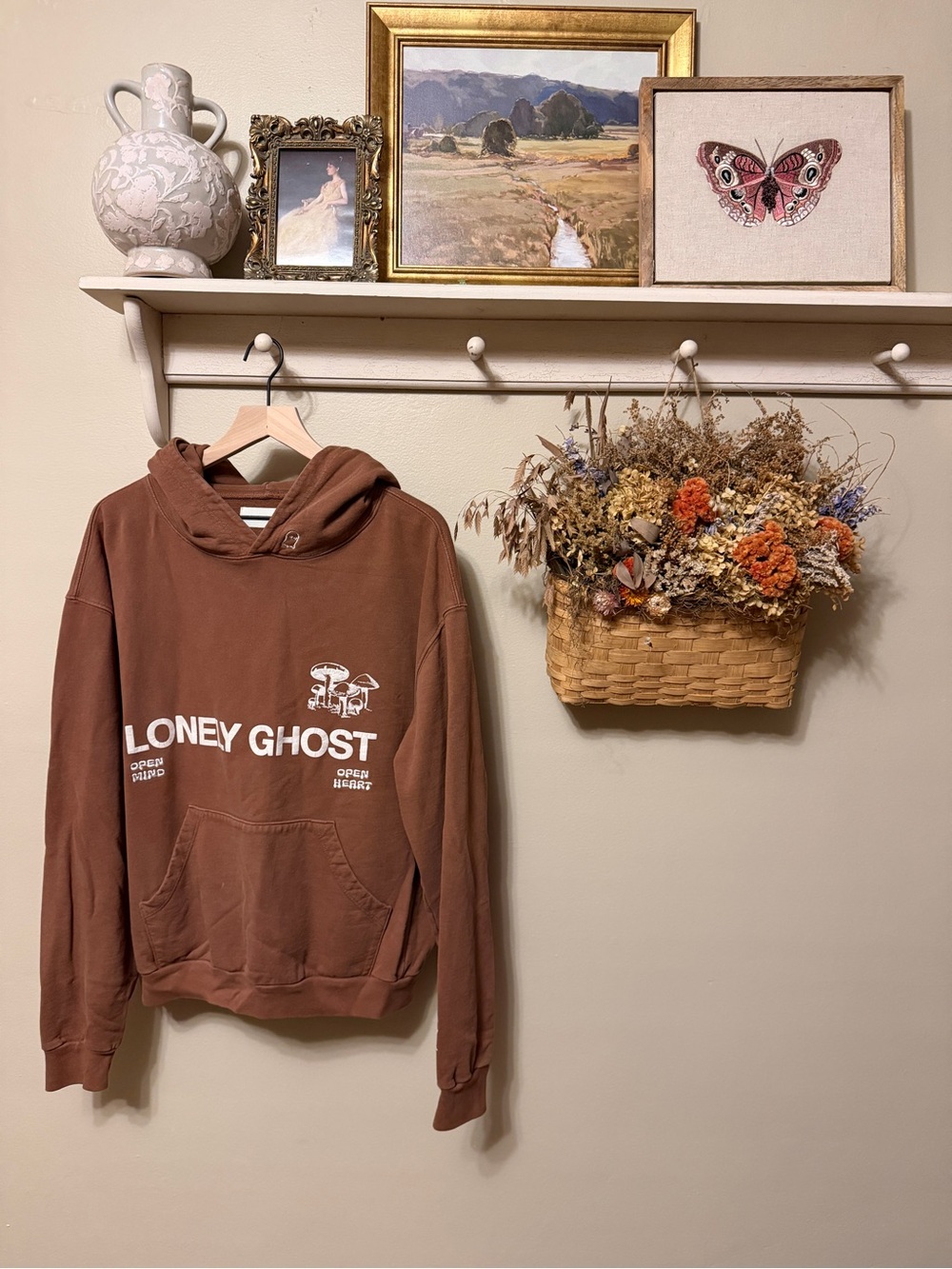 LONELY GHOST Brown Hoodie with White Mushroom Graphic